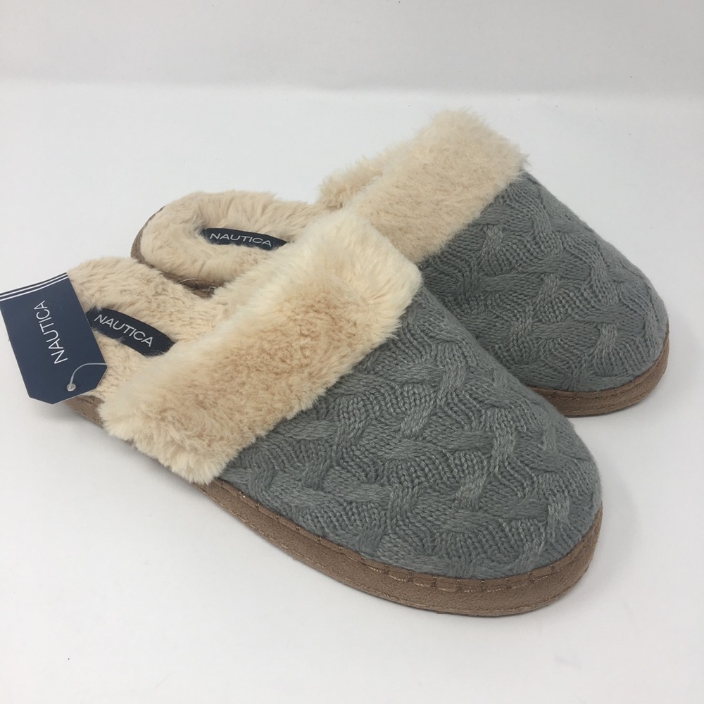 Brand New Nautica Grey Knit Fur Slippers NWT